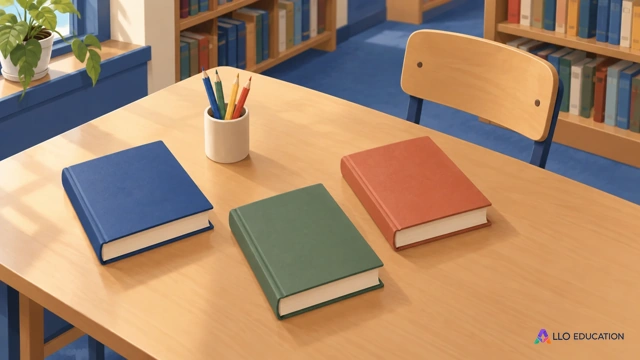 Des livres fermés sans titre et un pot de crayons sont posés sur une table de bibliothèque fictive.