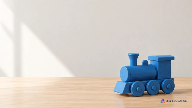 Un train jouet bleu en bois entier sur une table claire, sans inscription ni quantité affichée.