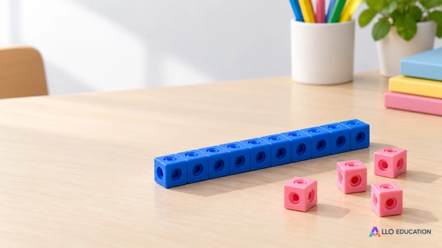 Une barre de cubes bleus et des cubes roses entiers, sans nombre, annoncent la recherche des rangs.