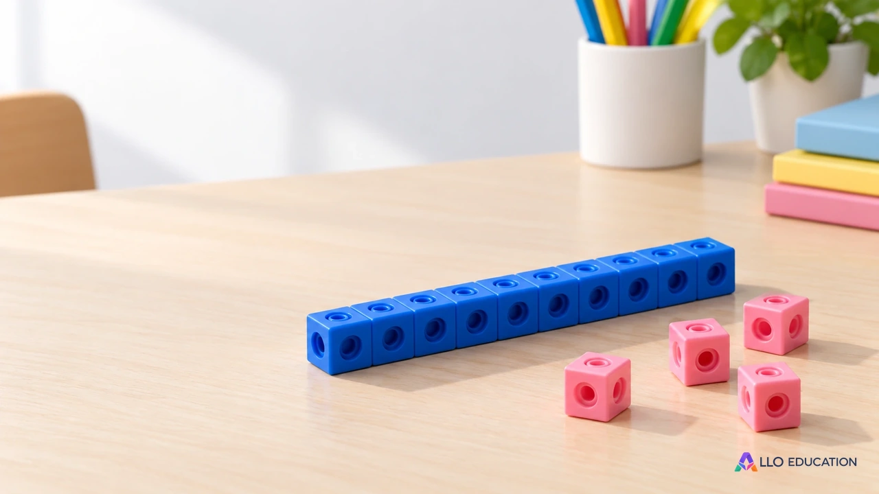Une barre de cubes bleus et des cubes roses entiers, sans nombre, annoncent la recherche des rangs.