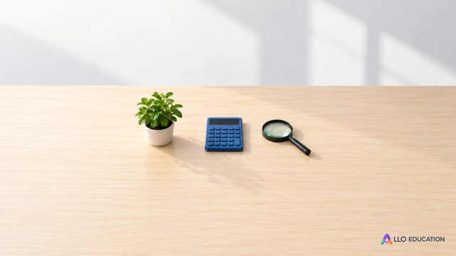 Une plante en pot, une calculatrice bleue et une loupe sur une table claire.