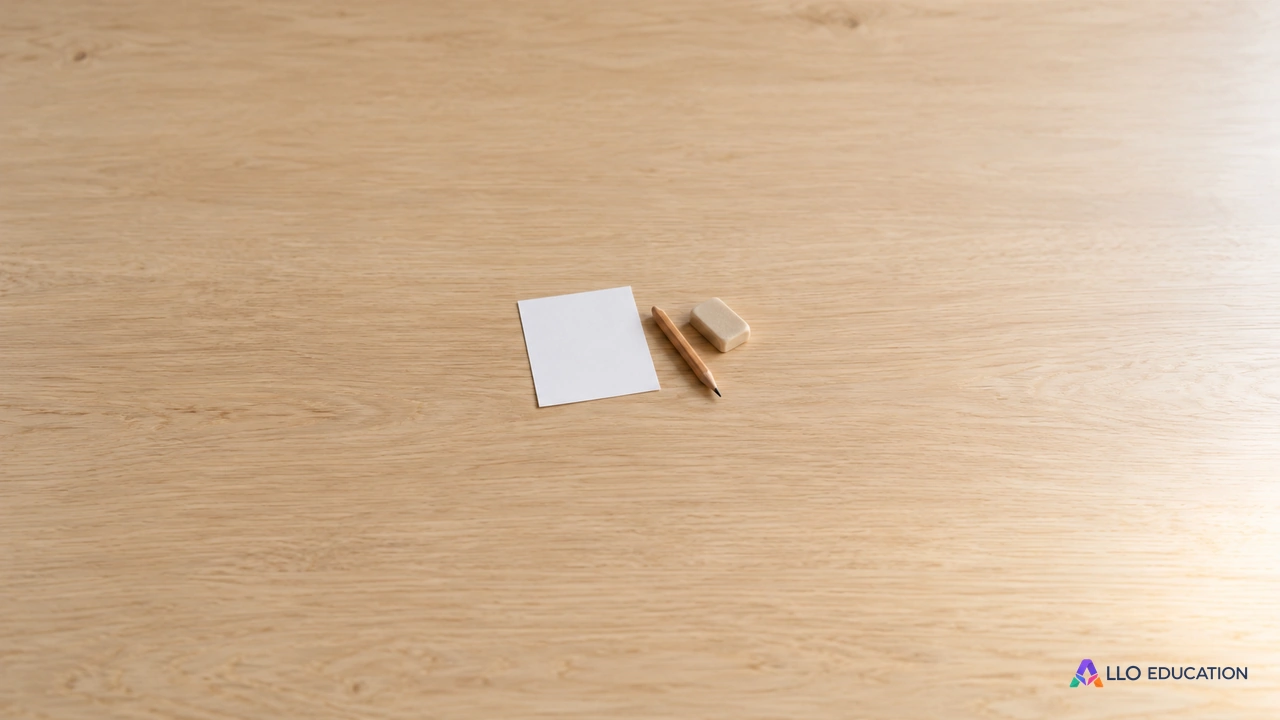 Une feuille vierge, un crayon et une petite gomme unie sont posés au centre d’une table claire.