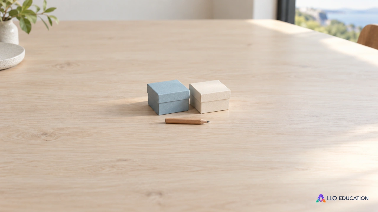 Deux petites boîtes fermées unies et un crayon court sont regroupés au centre d’une table claire.