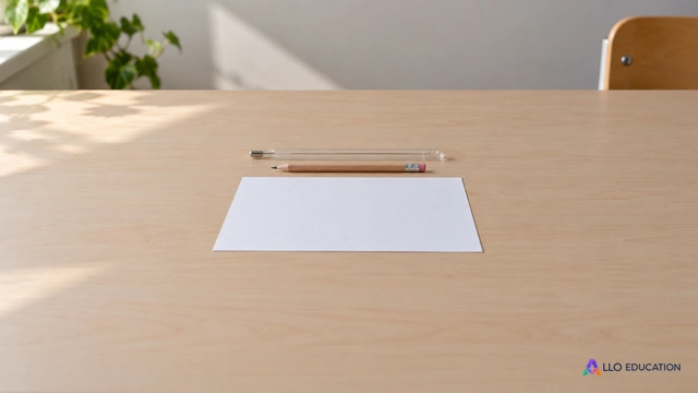 Un petit thermomètre neutre et un crayon horizontaux entiers au centre d’une table claire, à côté d’une feuille vierge.