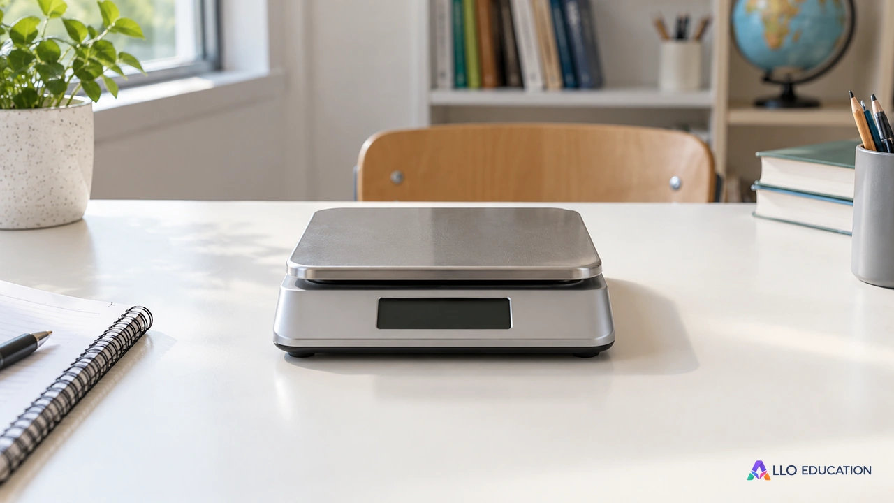 Une balance compacte à plateau vide et écran éteint repose au centre d’une table de travail claire.