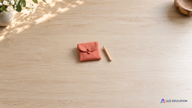 Une petite pochette fermée corail et un crayon court sont regroupés au centre d’une table claire.