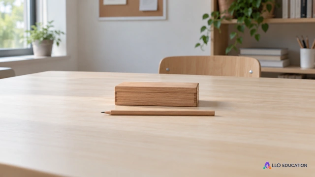 Une boîte basse fermée en bois clair repose près d’un crayon neutre sur une table.
