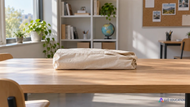 Un sac de courses fermé en tissu clair est couché horizontalement au centre d’une table.