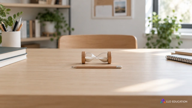 Un petit sablier posé horizontalement et un crayon neutre, entiers et centrés sur une table claire ; aucun nombre ou cadran.