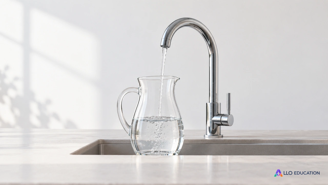 Un robinet sans graduation remplit une carafe transparente : observer un débit avant de calculer un volume.