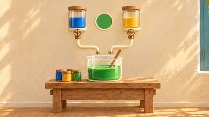 Deux pompes de peinture bleue et jaune alimentent une cuve verte sur une table en bois, dans un atelier clair avec fenêtre et plantes.