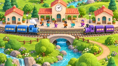Deux trains miniatures, bleu et mauve, relient trois petites gares dans une prairie. Les voyageurs changent de train près de la gare centrale et de son horloge.