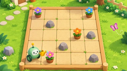 Un petit robot vert avec un arrosoir jaune avance entre quatre fleurs colorées et des rochers, sur les cases sable du jardin.