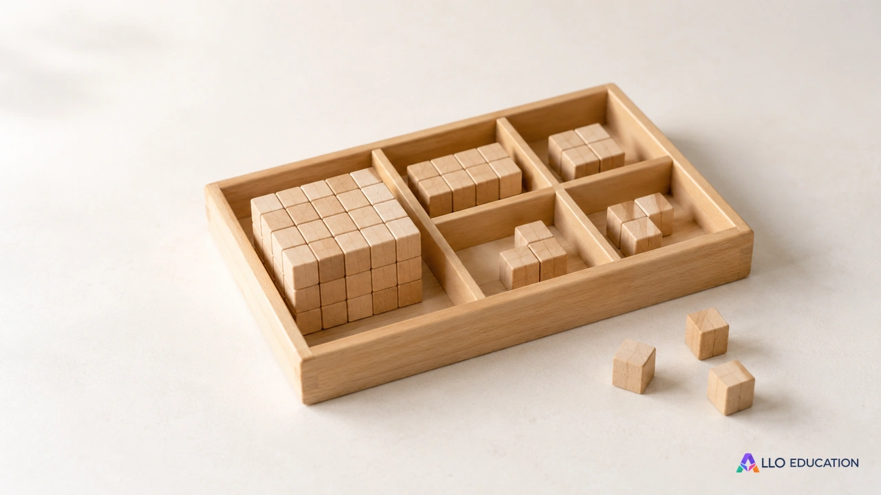 Des petits cubes de bois regroupés dans un plateau uni.