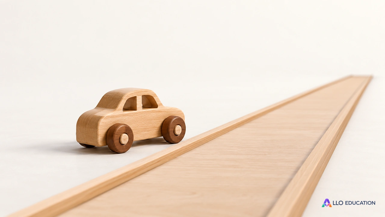 Une petite voiture miniature en bois uni près d’une piste droite simple.