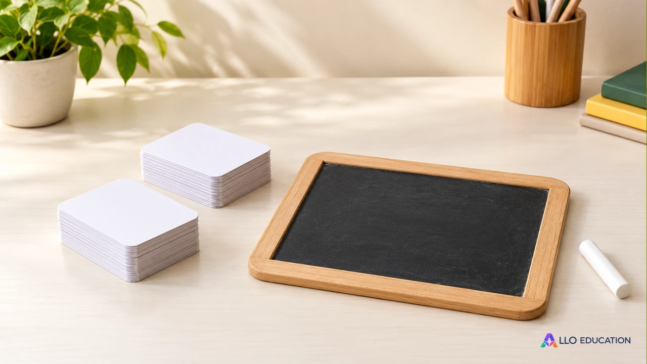 Deux piles de cartes unies, une petite ardoise noire vierge et une craie simple posées sur une table claire.
