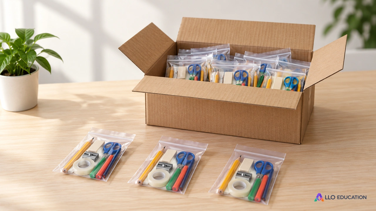 Une boîte en carton contient des pochettes de matériel sans inscription.