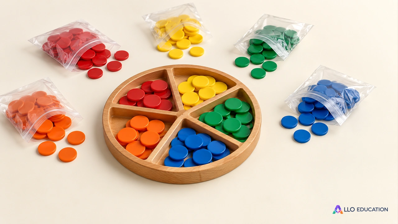 Un petit plateau avec des jetons lisses et plusieurs sachets transparents ouverts, disposés pour un rangement par groupes.