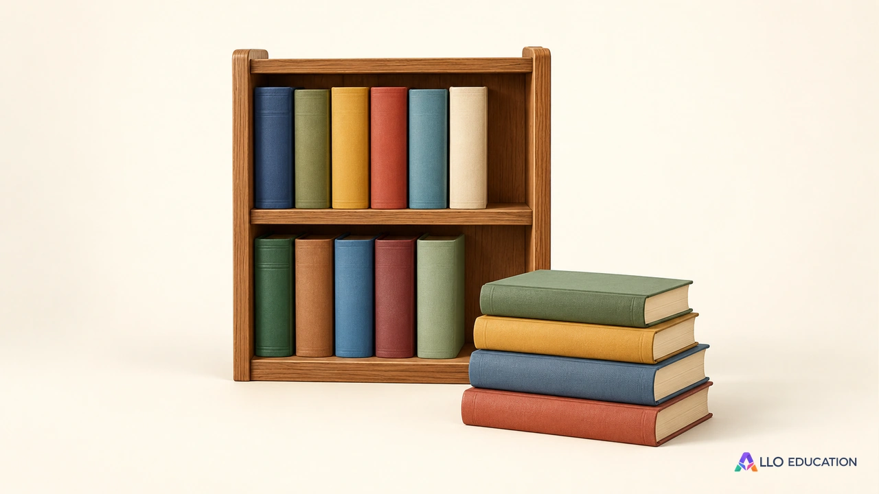 Une petite étagère de livres unis et une pile de livres détachée devant, tous sans titre ni inscription.