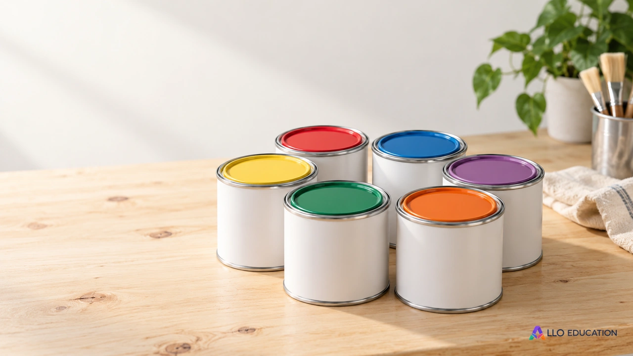 Des pots de peinture fermés sans inscription regroupés sur une table.