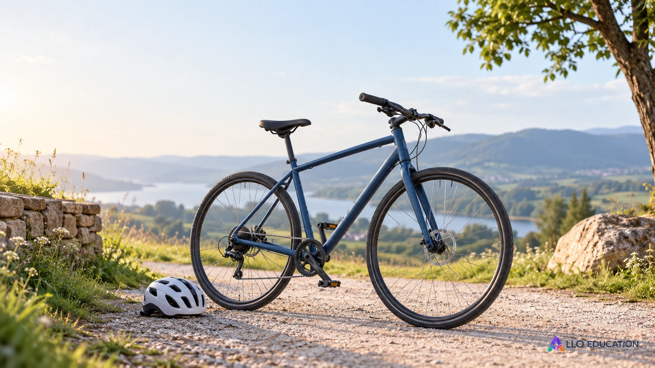 Un vélo sans marque et un casque uni au bord d’une allée.