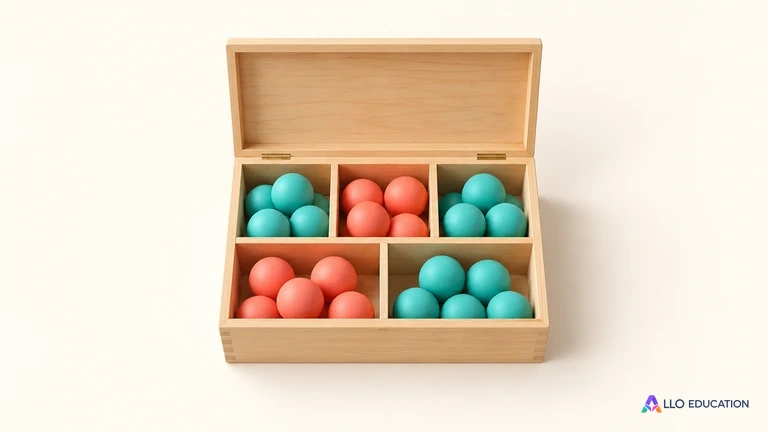Une boîte en bois ouverte contient des objets turquoise et corail vierges.