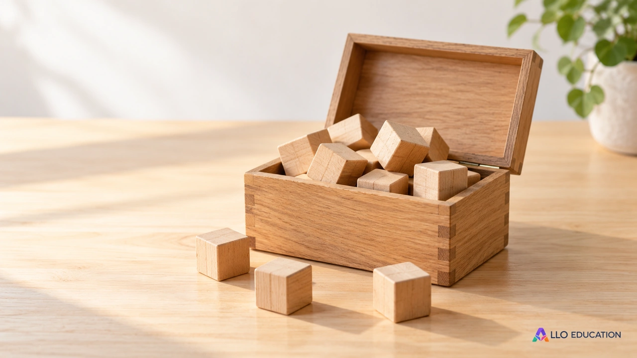 Une boîte ouverte contient des cubes de bois sans inscription.