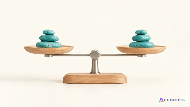 Une balance à deux plateaux équilibrés avec des galets turquoise.