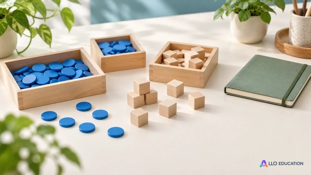 Petites pièces rangées dans des bacs unis et cubes de bois sur une table claire.