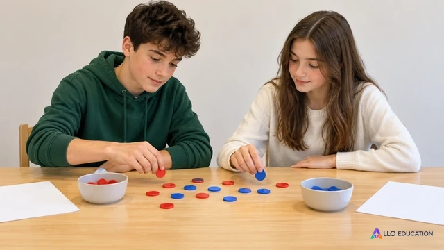 2 élèves préparent un atelier de calcul avec des jetons colorés et des contenants neutres.