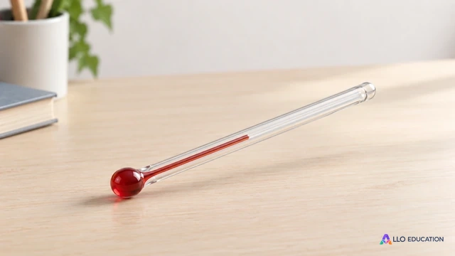 Un thermomètre non gradué contient une fine colonne rouge sur une table claire, sans inscription.