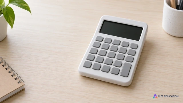 Une calculatrice blanche à touches lisses et écran éteint repose sur une table claire.