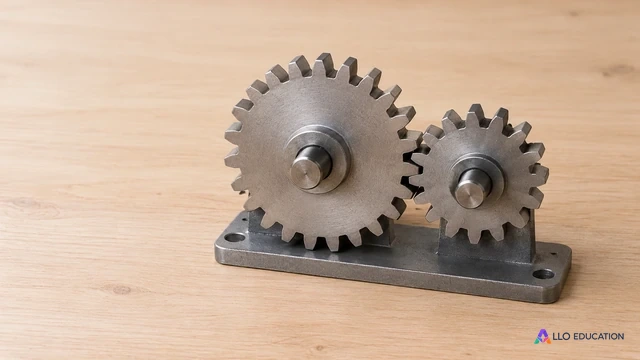 Un mécanisme fictif de deux engrenages métalliques en contact repose sur une table claire, sans inscription.