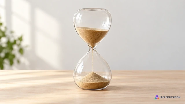Un sablier de verre laisse couler le sable sur une table claire, sans inscription.