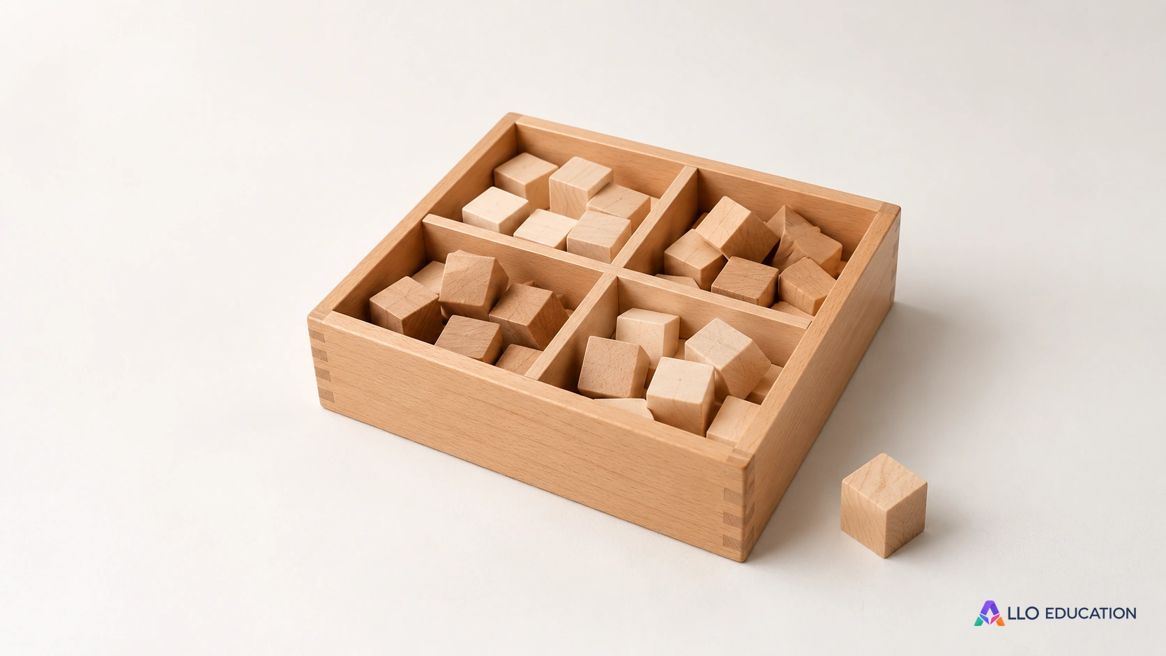 Des pièces de bois sont rangées dans une boîte ; une pièce reste à côté.