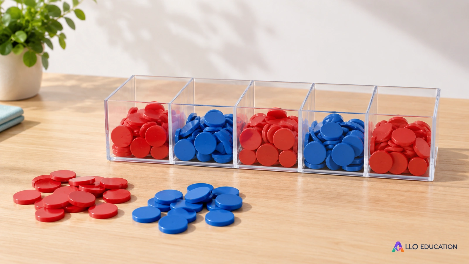 Des jetons rouges et bleus sont répartis dans des compartiments identiques.