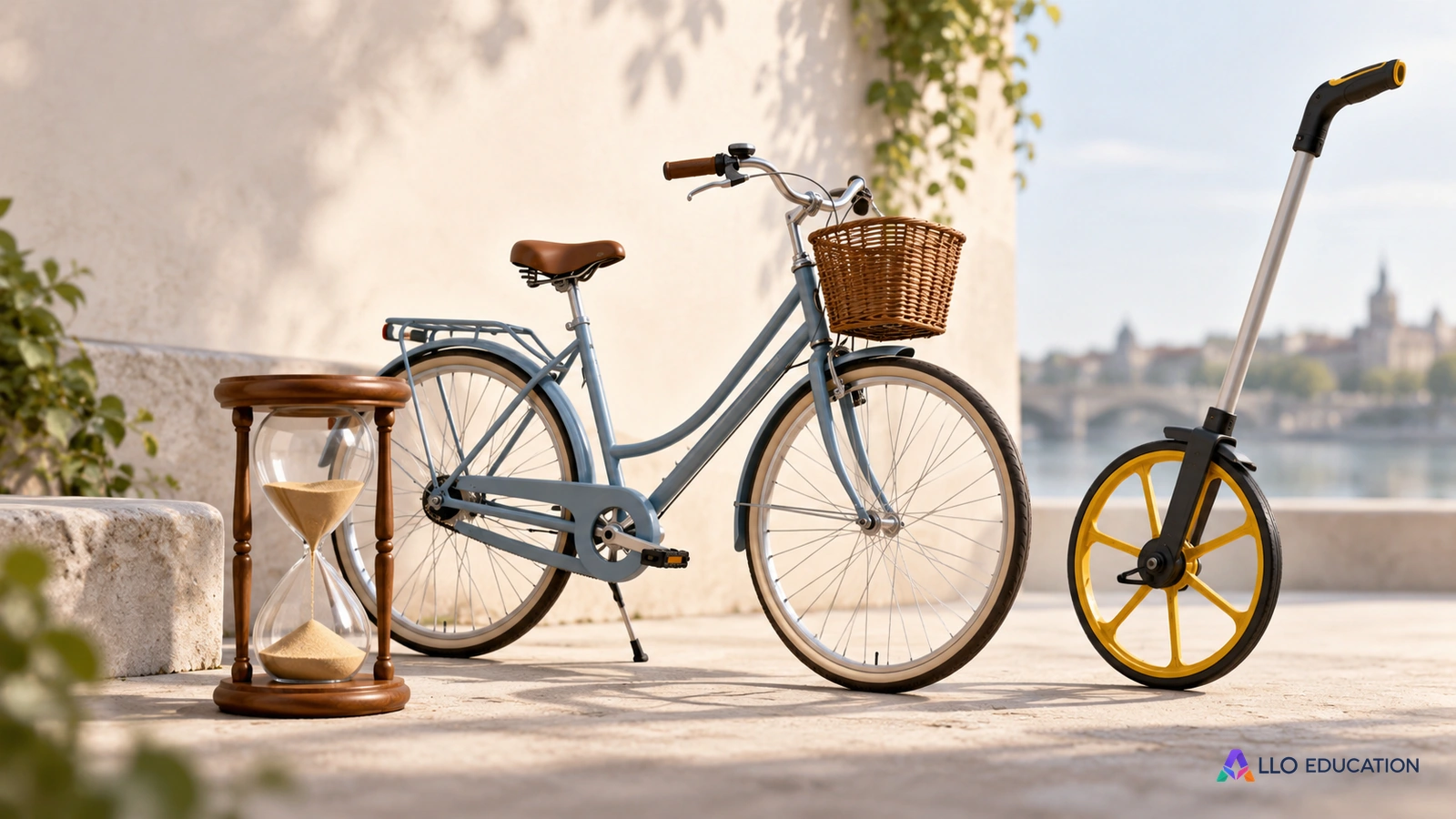 Un vélo, un sablier et une roue de mesure évoquent la distance et la durée.