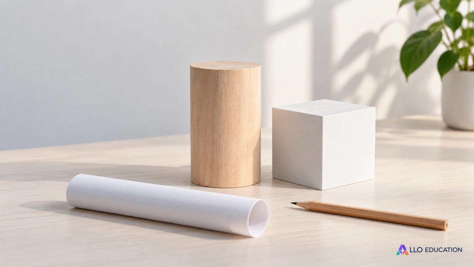 Objets cylindrique et cubique, papier vierge et crayon sur une table claire.