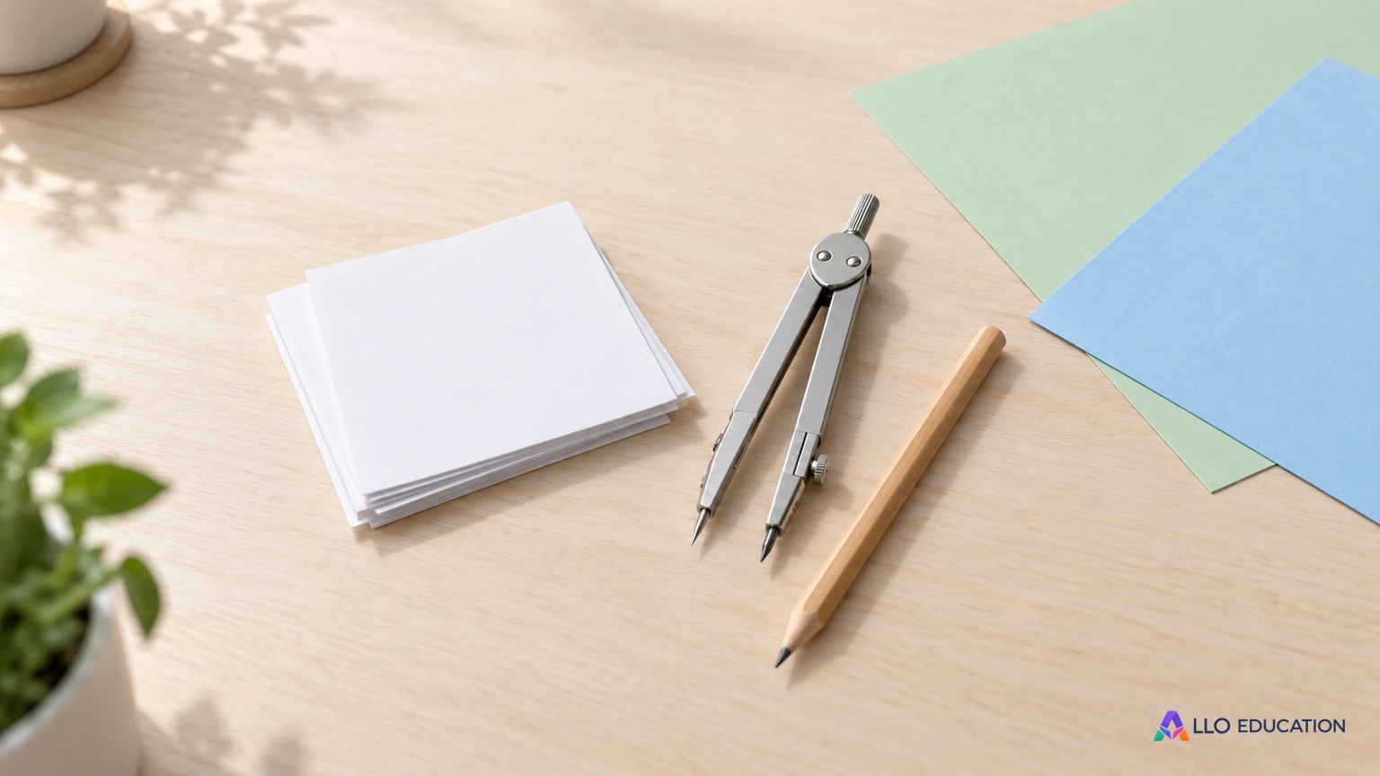 Compas fermé, crayon et papiers vierges pour construire un motif.