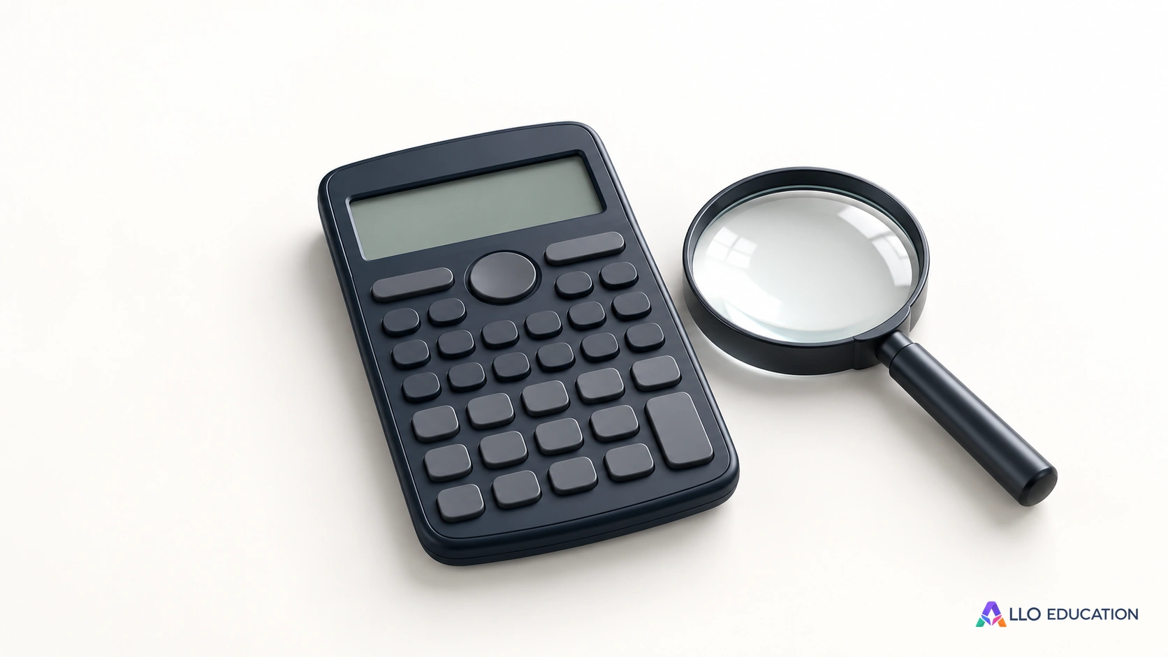 Une loupe est posée près de l’écran muet d’une calculatrice.